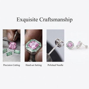 Boucles d'oreilles clous carrées de style <span class=keywords><strong>euro</strong></span>-américain, en or véritable 18 carats avec saphir rose de laboratoire, pierre précieuse rose taille Asscher - Product Image 6