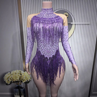 Costume de danse latine scintillant argenté à franges, pantalon taille haute à manches longues, pour performance de talent, boîte de nuit, Gogo