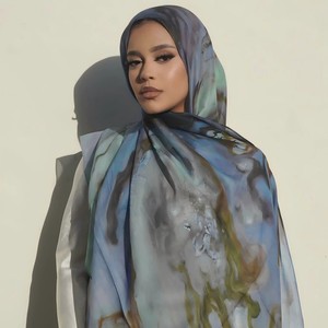 Hijab imprimé malaisien en modal, bleu encre, respirant, anti-UV, long châle en soie, nouveau design, modèle 2026, hijab imprimé - Product Image 1
