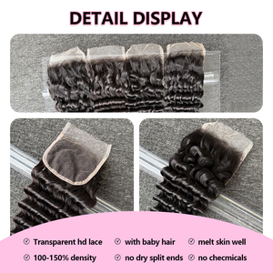 Closure en dentelle HD 4x4 Deep Wave, 100% cheveux humains bruts, 12-18 pouces, dentelle suisse, sans perte ni emmêlement, peut être teint et décoloré, noir naturel - Product Image 4