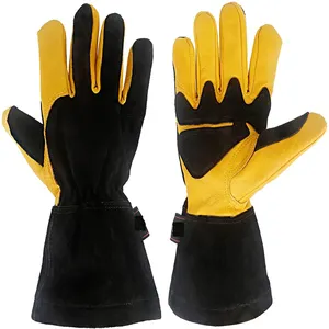 Guantes resistentes al calor para barbacoa, alta calidad, negro y amarillo, guantes de cuero para horno y barbacoa con muñeca elástica