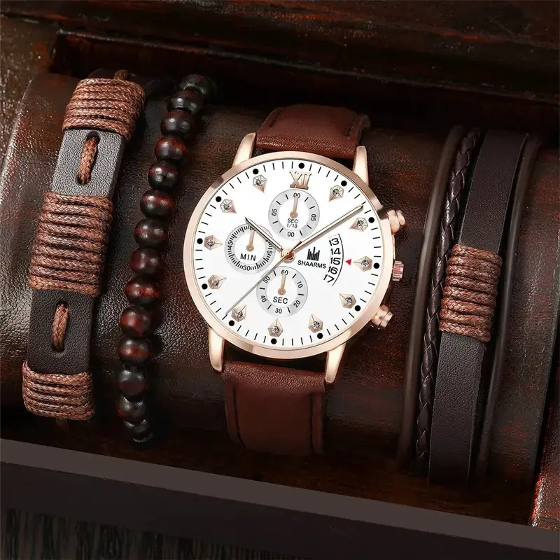 S8337f 5 Stks/set Heren Nieuw Horloge Set Cool Drie-Eye Quartz Horloge + Wilde Kralen Armband Winkel Voor Horloges Online