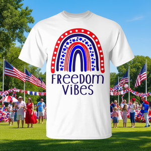Freedom Vibes T-shirt arcobaleno con bandiera degli Stati Uniti, design patriottico per il 4 luglio - Product Image 3