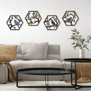 นกไม้ติดผนังศิลปะกิ่งไม้เบิร์ช4ชิ้นงานศิลปะตัดด้วยเลเซอร์สีเขียวแบบโบโฮทันสมัย - Product Image 1