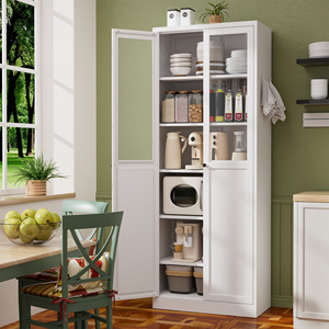 White Cold Rolled Steel <b>Kitchen</b> Pantry Cabinet, Glass & Solid 4 Doors <b>Storage</b> <b>Cupboard</b> with Adjustable Shelves for Dining Room - Product Image 1