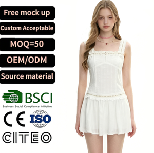 Mini Abito Estivo da Donna con Scollo Quadrato e Bordo in Pizzo Bianco, Orlo Arricciato e Corpetto a Corsetto, Stile Vintage Cottagecore - Product Image 1