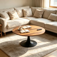 Table basse ronde Mid-Century Tulip, plateau en placage de bois, base en métal noir pour salon et café