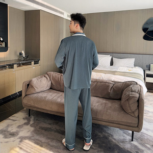 2025 primavera nuovi pantaloni lunghi a maniche lunghe da <span class=keywords><strong>uomo</strong></span> pigiami a righe taglie forti in seta di ghiaccio abbigliamento Casual <span class=keywords><strong>con</strong></span> bottone da casa - Product Image 3