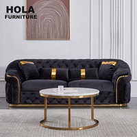 Sofa Chesterfield Mewah HOLA Hitam Persegi, Loveseat & Set Sudut Berbahan Beludru untuk Ruang Tamu Villa dengan Kaki Kayu