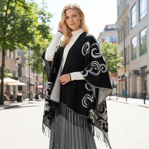 Flowing Striped <b>Poncho</b> Shawl for Women Open Front Cape with Fringe Tassels Fashion Layering Wear - Product Image 1
