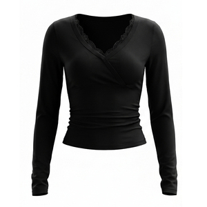 Viviblook J26TP282 Camiseta de Otoño para Mujer, Nueva con Encaje y Parches, Cuello en V, Corte Ajustado, Manga Larga, Estilo Casual, Top Corto para Damas - Product Image 6