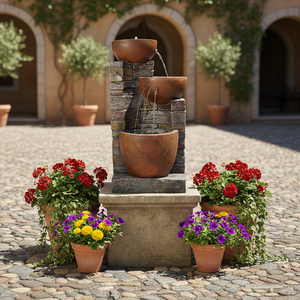 KW 3-laags rustieke harsfontein met watervalfunctie, stenen pilaardesign, op zonne-energie, verlicht, handgemaakt, eenvoudige installatie, voor buiten en tuin - Product Image 4