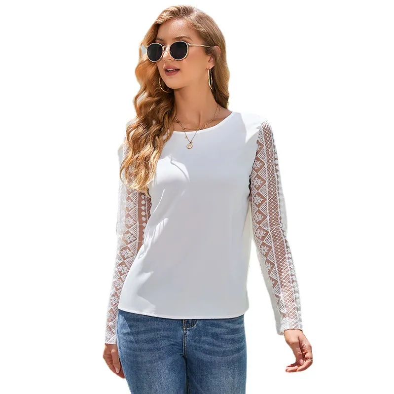 Lace sleeve backless shirt new casual round neck T-shirt foreign trade women's dress