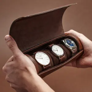 Watch Roll Travel Case Custom Logo Engraved Leather 3 Watches Storage Travel Magnetic Close Watch Case