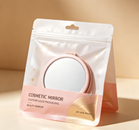Pochette d'emballage cosmétique personnalisée avec fenêtre transparente, imprimée, pour miroir compact, à fermeture éclair trois côtés, refermable, en PET/VMPET/PE