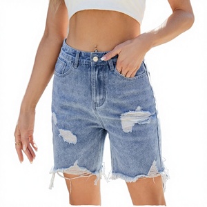 Shorts en jean taille haute pour femme, coupe droite ample, style vintage avec boutons, design déchiré, écologiques, respirants, décontractés, tendance - Product Image 3