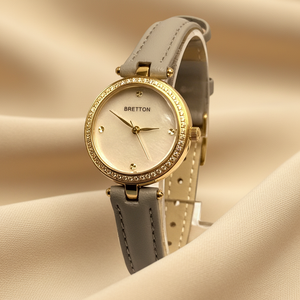 Montre-bracelet élégante pour femme, fine et ronde, avec lunette pavée de cristaux dorés, cadran en nacre, bracelet en cuir véritable, étanche - Product Image 2