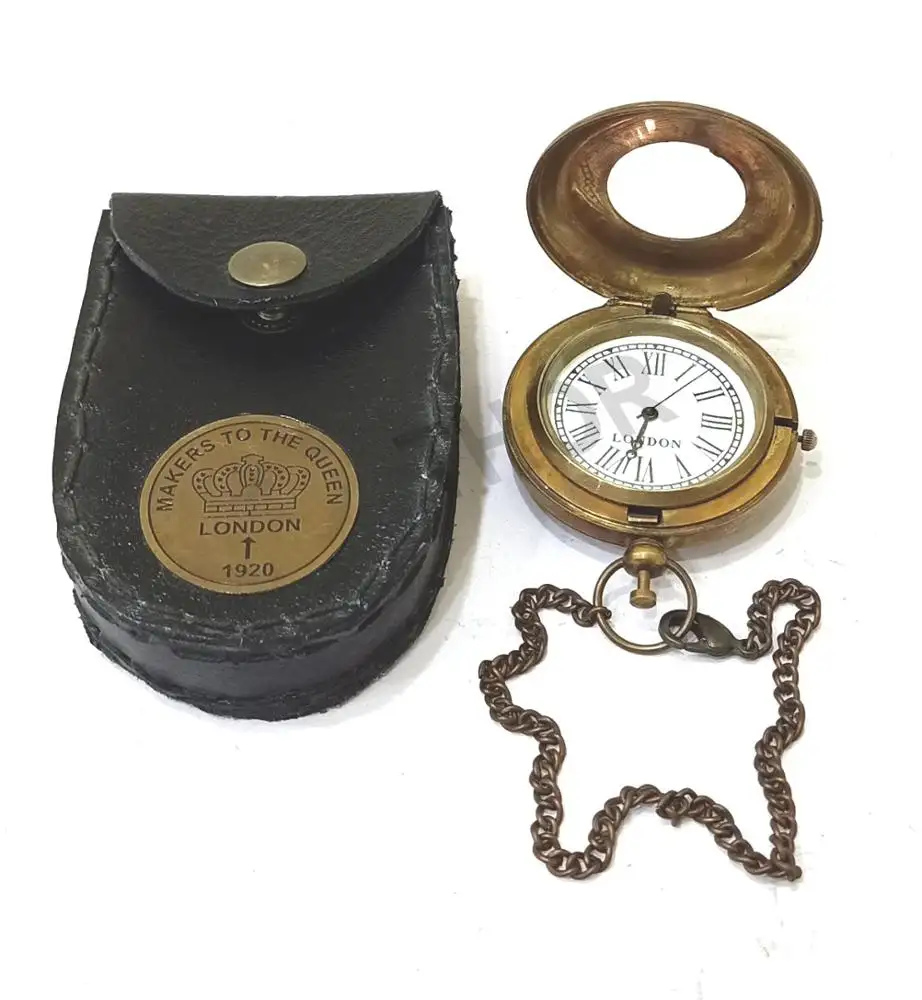 Reloj de mesa náutico con botón pulsador, de bolsillo plano con cadena de reloj y funda de cuero, decoración del hogar