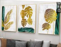 Peinture abstraite de paysage doré avec feuilles d'arbre, cadre de luxe, impression sur toile, 3 tableaux encadrés, art mural personnalisable, décoration intérieure Hogar