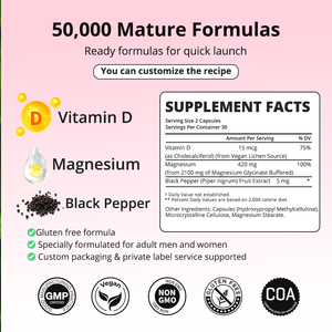 Cápsulas de Glicinato de Magnesio OEM ODM con Vitamina D3 y Extracto de Pimienta Negra, Favorecen el Bienestar Femenino, 60 Cápsulas, Suplemento Dietético - Product Image 2