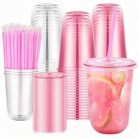 Gobelet en plastique PET rose personnalisé avec logo, 12 oz, 16 oz, bord de 90 mm, fond en U, anti-déversement, jetable, sans BPA, pour boissons froides, thé à bulles, café