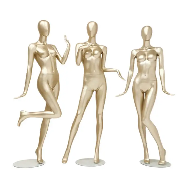 Vente en gros, boutique de mannequins élégants de luxe, vêtements en fibre de verre, mannequins complets dorés pour femmes entières