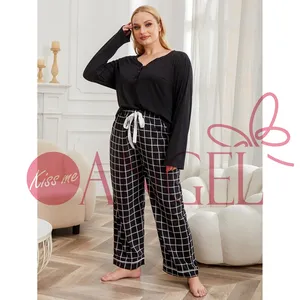 KISS ME ANGEL big size pajamas female autumn and winter fat mm200 catty V-neck black long-sleeved home suit