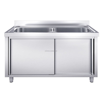 Évier double en acier inoxydable robuste avec armoire coulissante pour cuisine de restaurant, cantine, restauration