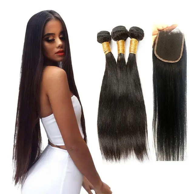 3 Hair Bundles with Closure make full human hair wig 10A 12A Grade cheap Brazilian Straight Human Hair Extension packaging deal