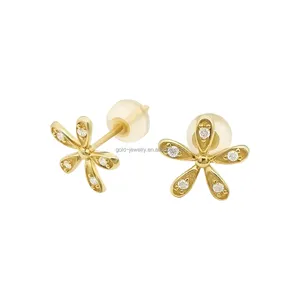 Boucles d'oreilles en or véritable pour femmes, bijou en forme de fleur, diamant, or jaune, 18k, vente en gros directement d'usine,