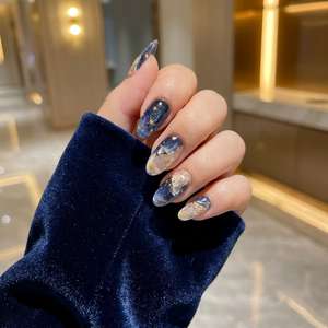 Kit de 24 <span class=keywords><strong>Uñas</strong></span> Postizas Ecológicas de ABS Translúcido <span class=keywords><strong>Azul</strong></span> con Diseño Inspirado en la Nebulosa, con Purpurina Dorada y Estrellas, para Dedos - Product Image 3