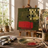 Peinture à l'huile abstraite sur toile, motif carré, vert olive, bordeaux, grille, grappe, taille personnalisée, vente en gros auprès du fabricant d'art