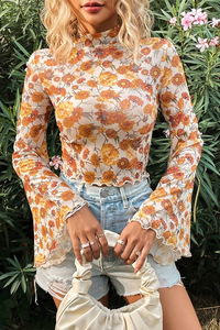 Cary-Lover con maniche a campana stampate a fiori in rete <span class=keywords><strong>top</strong></span> alla moda Western Boutique di moda Casual all'ingrosso - Product Image 5