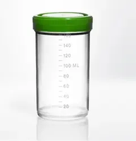 Vaso desechable de plástico para muestras de orina, contenedor estéril para recolección de muestras con tapa de rosca verde y escala.