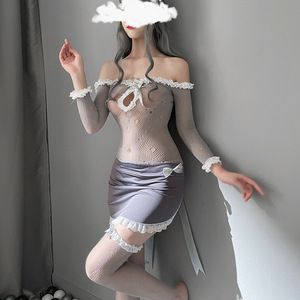 Ensemble de lingerie sexy <span class=keywords><strong>pour</strong></span> <span class=keywords><strong>femme</strong></span>, style uniforme de demoiselle d'honneur en résille grise, comprenant body et collants, <span class=keywords><strong>pour</strong></span> cosplay et vêtements intimes - Product Image 3