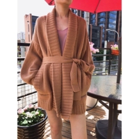 Cardigan en cachemire torsadé de longueur moyenne pour femme avec col en V, ceinture épaissie, pull, haut en tricot de laine ample