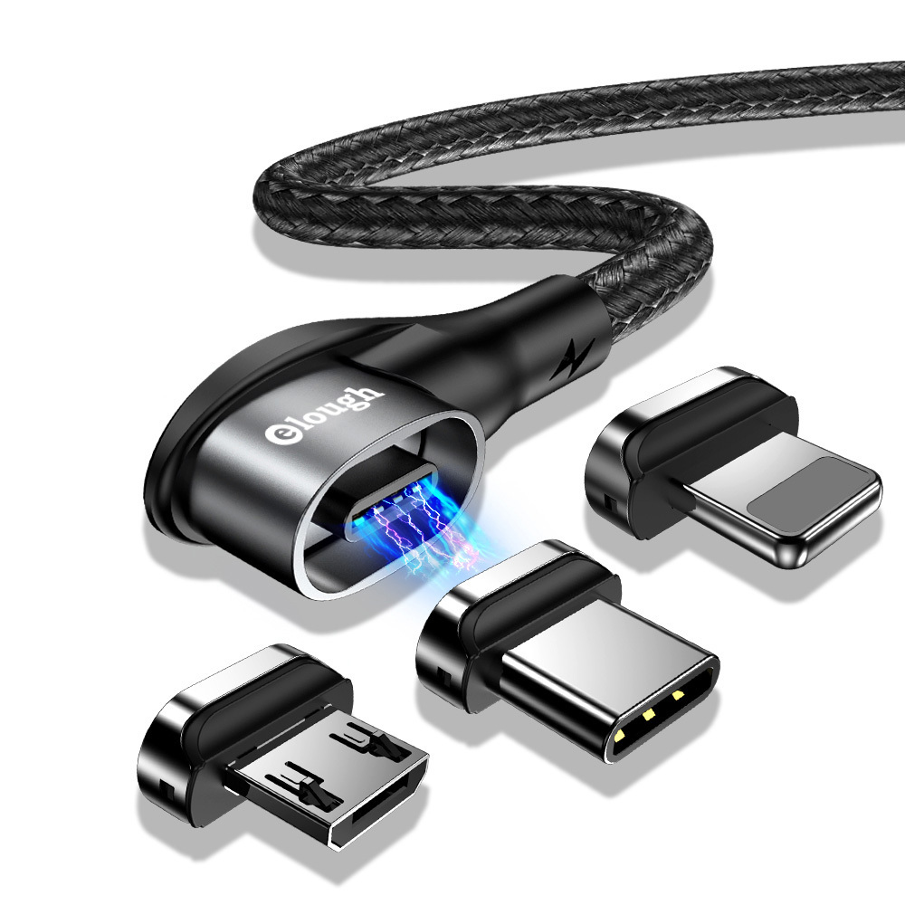 High quality fast charge phone chrger cable 3 in 1 nylon baraided elbow 3a l shape magnetic usb charging data line for samsung