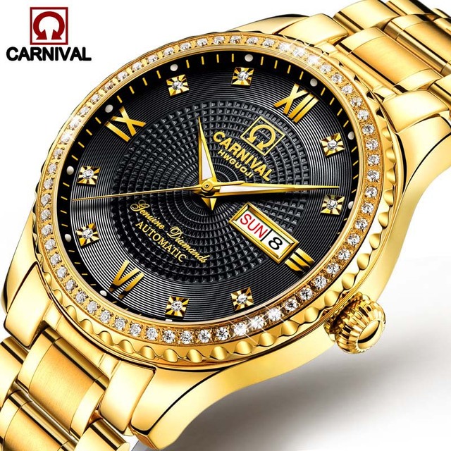 Carnival Luxury Men's 20mm Dial Display Automatic Mechanical Watch New Fashionable Gold Steel Waterproof Casual Stainless Steel