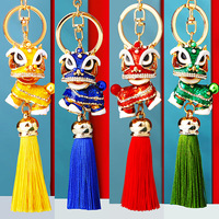 Porte-clés en métal style chinois Danse du Lion avec pendentif anneau incrusté de diamants, accessoire de sac unisexe, cadeau