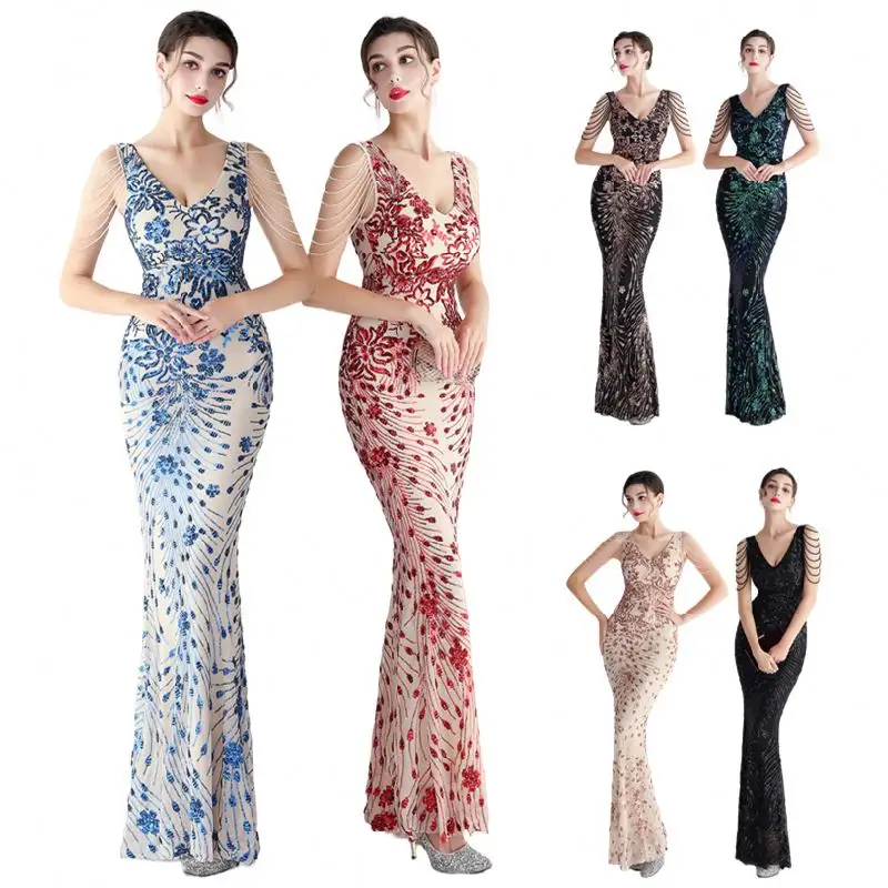 19607# Luxury Evening Dresses Slim Fit Tassel Sleeve Sequin Flower Long Mermaid Party Dress Gowns For Women Bridesmaid Dresses