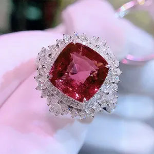 CAOSHI Big Cushion Cut Luxury Ruby Red Crystal Women Engagement Rings Cubic Zirconia Proposal 925 Silver Plated Rings