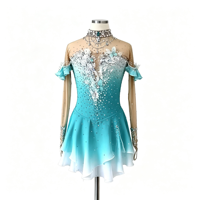 Robe de patinage artistique dégradé turquoise et blanc, ornée de fleurs 3D et de strass, dos ouvert, pour adultes et enfants