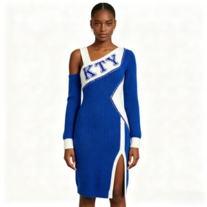 Abito <span class=keywords><strong>in</strong></span> <span class=keywords><strong>maglia</strong></span> da donna blu e bianco a blocchi di colore, asimmetrico monospalla <span class=keywords><strong>con</strong></span> cut-out, <span class=keywords><strong>vestito</strong></span> a costine aderente midi <span class=keywords><strong>con</strong></span> <span class=keywords><strong>spacco</strong></span> - Product Image 1