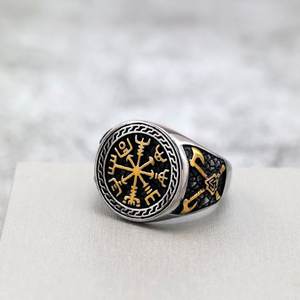 Nordic Vintage Stainless Steel Men's <b>Ring</b> With Viking Compass Design Round Geometric Hip Hop Style Jewelry Gift - Product Image 2