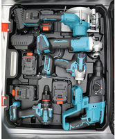 Ensemble d'outils électriques 5 en 1, comprenant batterie, chargeur, perceuse, clé à chocs, meuleuse d'angle, tronçonneuse et accessoires.