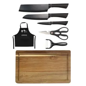 Лидер продаж, набор кухонных ножей из 7 предметов, включая деревянную разделочную доску и нейлоновый фартук, упакованный в подарочную коробку, Высококачественный нож
