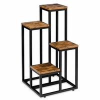 Rak Tanaman 4 Tingkat Modern, Rangka Besi Logam Hitam dan Bagian Atas MDF Motif Kayu, Rak Pot Bunga untuk Balkon, Beranda, Ruang Tamu