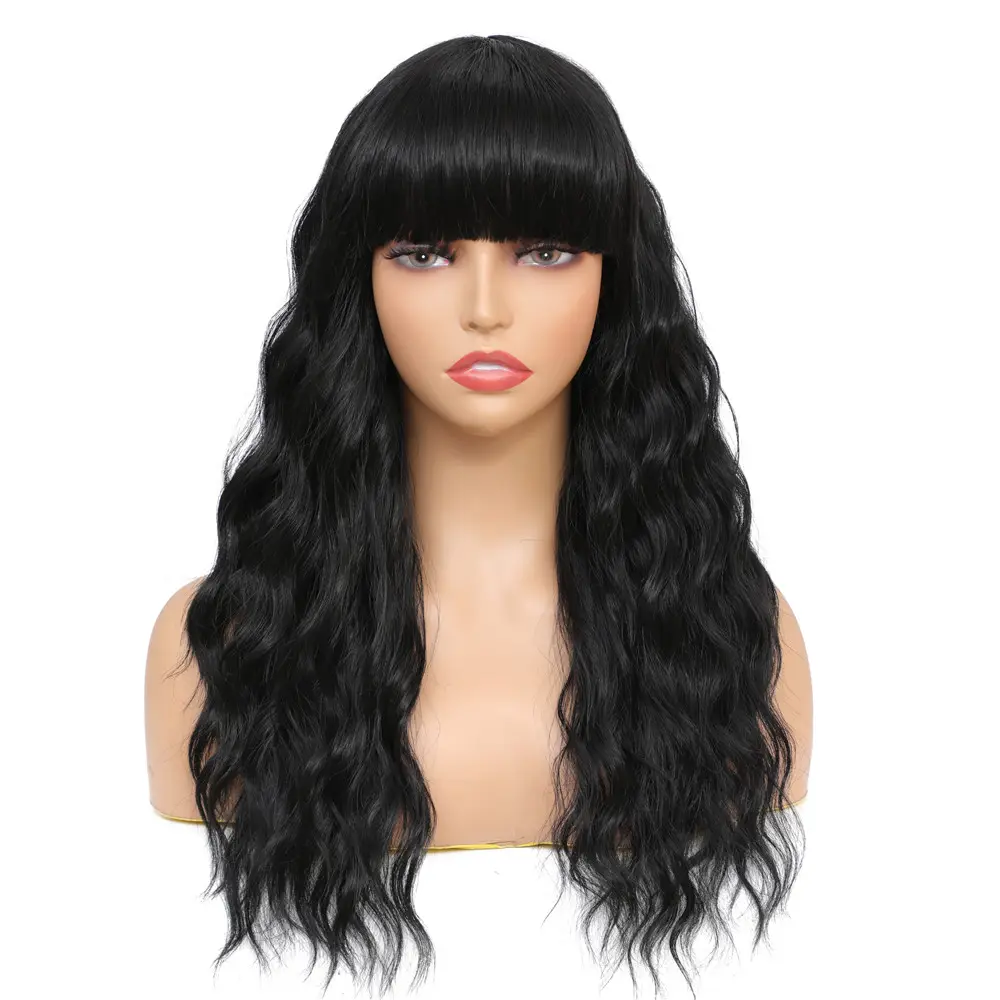 X-TRESS Heat Resistant Fibers Colorful Wig Cosplay 20 Inches Black Color Water Wavy Synthetic Wigs With Bangs For Women