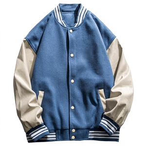 Men's Blue Varsity <b>Jacket</b> With Cream Sleeves Stand Collar Casual <b>Fleece</b> Design Outerwear Autumn Wear Regular Fit Button Closure - Product Image 1