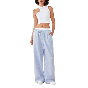 Pantaloni da <span class=keywords><strong>Donna</strong></span> a Vita Media con Logo Personalizzato, Casual Primaverili in <span class=keywords><strong>Lino</strong></span>/Cotone, Gamba Larga, <span class=keywords><strong>Blu</strong></span> a Righe, Taglie Forti - Product Image 2